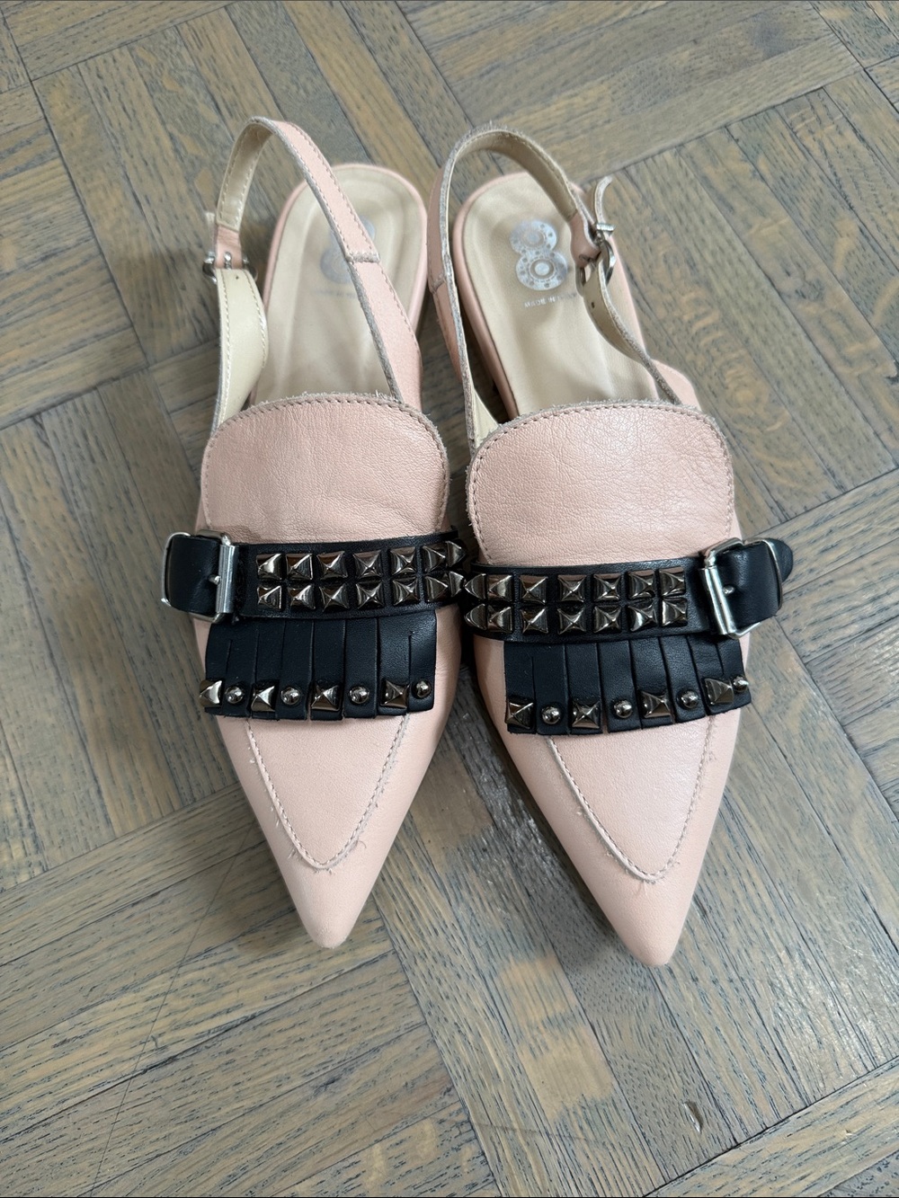Pointed Slingback Flats in Blush with Black Fringe and Studs